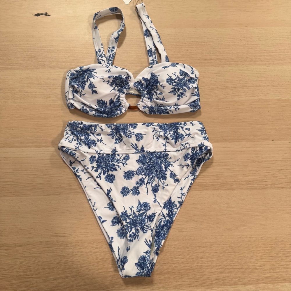 Berlook Blue Floral High-Waist Bikini Set - White & Blue B08